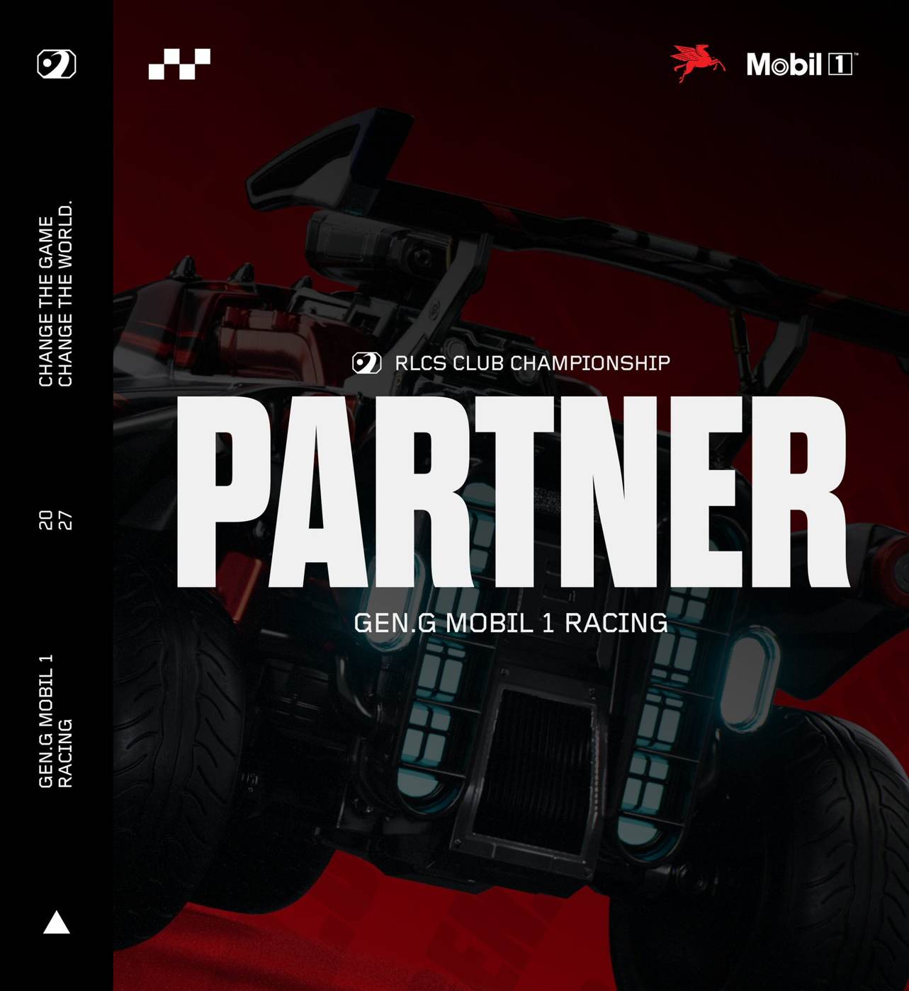 Афиша Gen.G Mobil 1 Racing с машиной Rocket League и надписью Partner RLCS Club Championship 2027