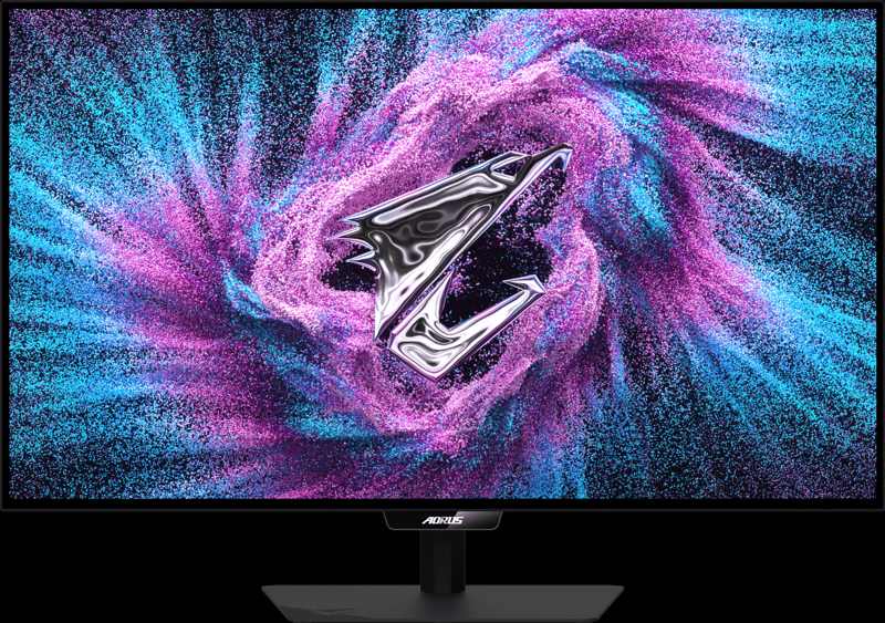 Монитор Gigabyte AORUS ELITE FO32U24G спереди с логотипом AORUS на фиолетово-голубом фоне экрана
