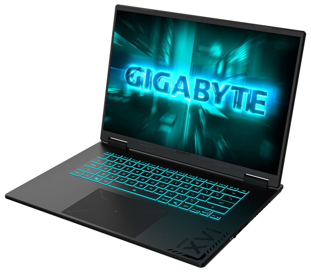Чёрный ноутбук GIGABYTE GAMING A16 с бирюзовой подсветкой клавиатуры и логотипом GIGABYTE на экране