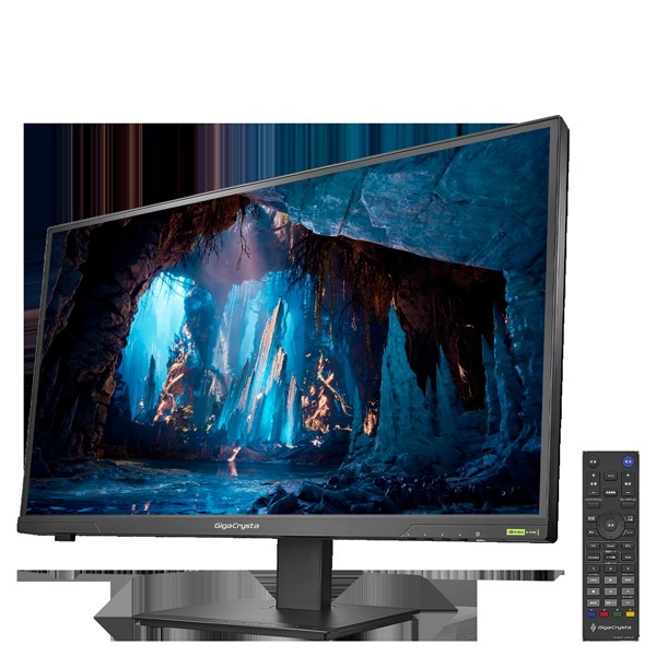 Чёрный монитор GigaCrysta LCD-GDQ271JLAQ с пейзажем пещеры на экране и пультом справа