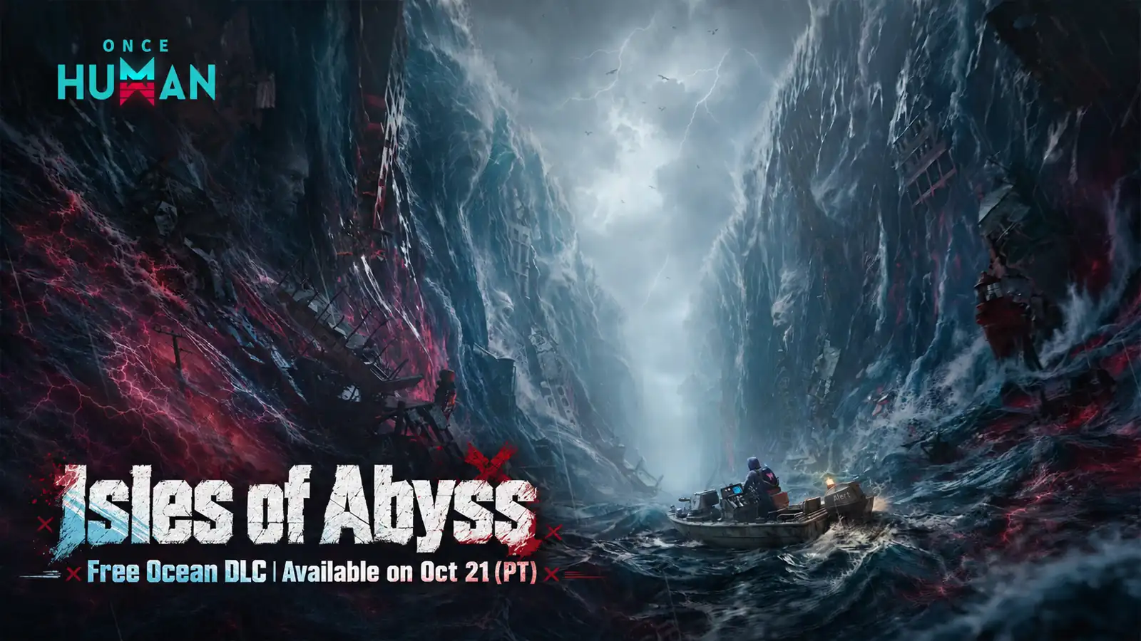 Катер между высокими скалами на обложке Once Human: Isles of Abyss