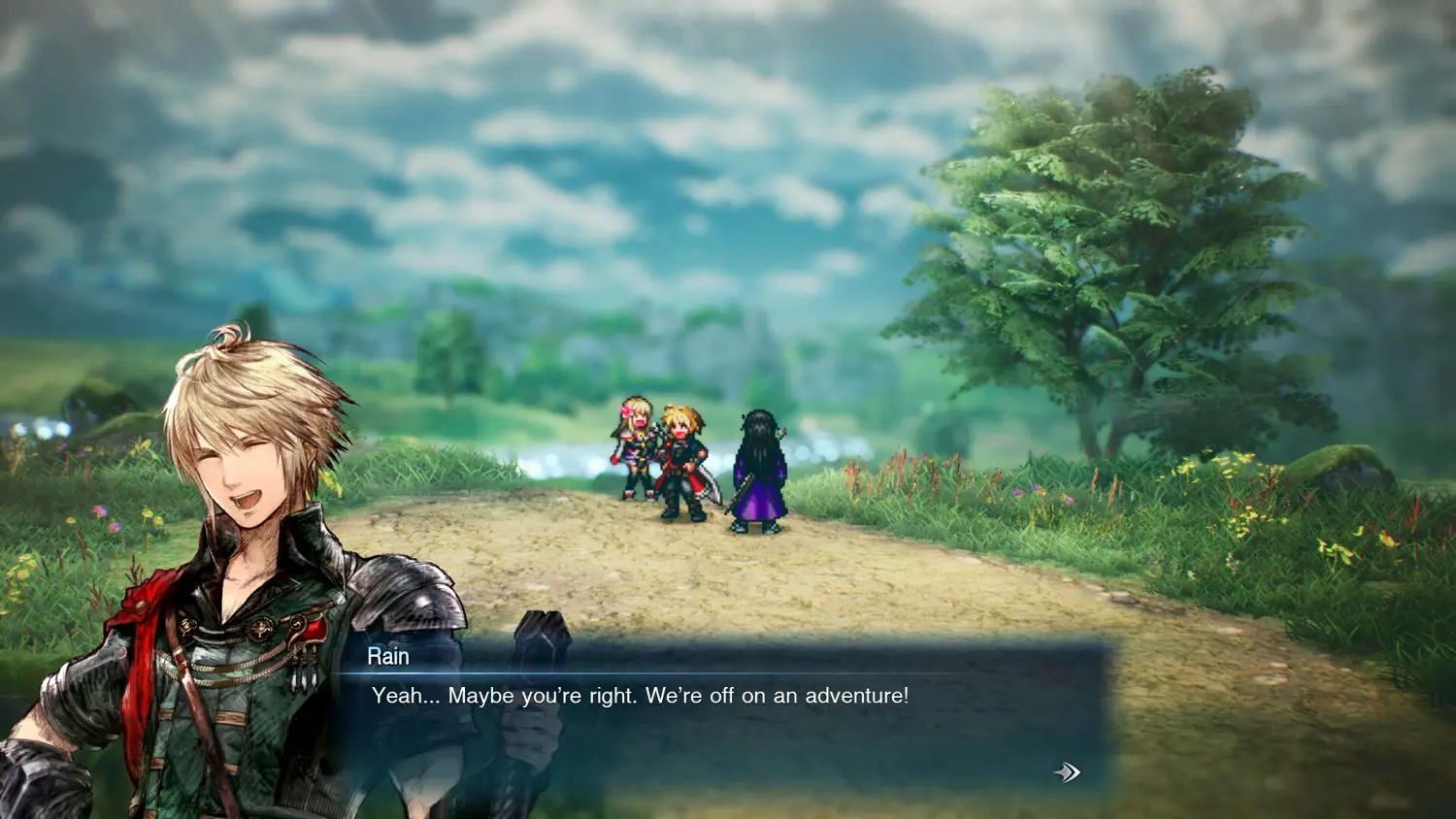 Рейн и его спутники в диалоге на открытой местности в Final Fantasy Resonance