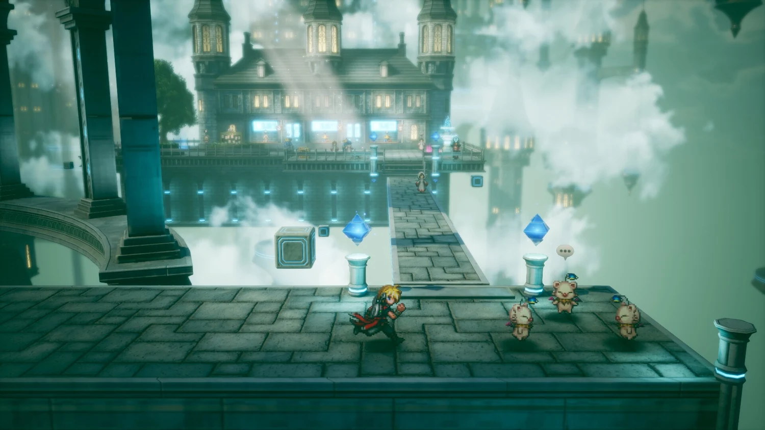 Персонаж и три мугла на каменной площадке в Final Fantasy Resonance