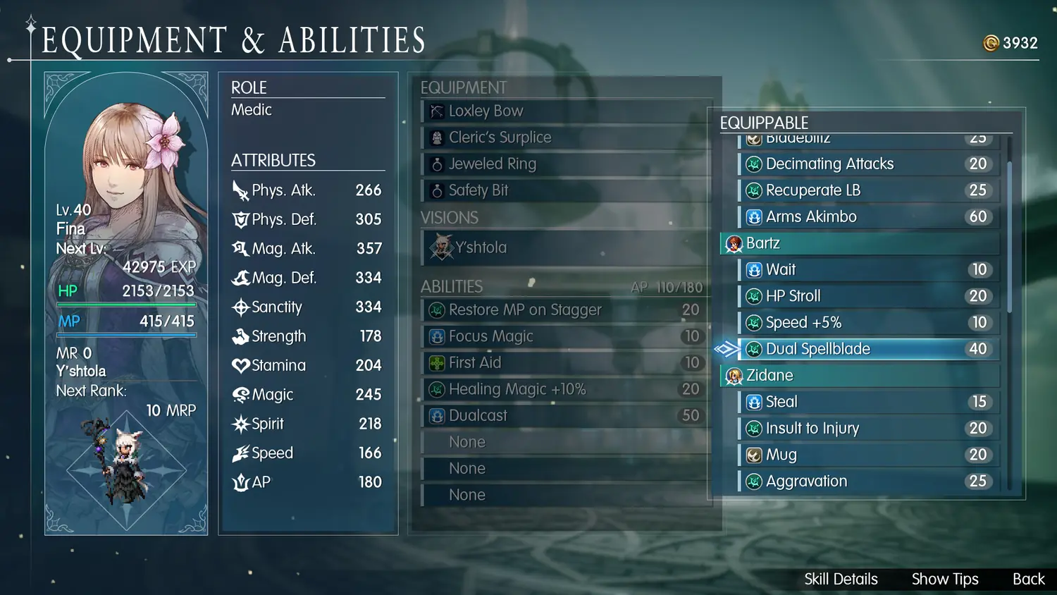 Меню Equipment and Abilities персонажа в Final Fantasy Resonance
