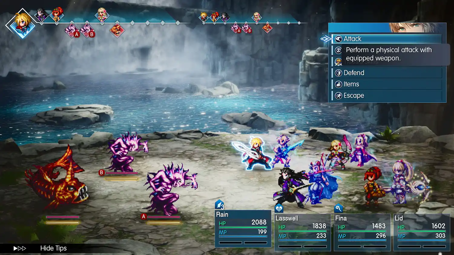 Меню команд Attack, Abilities и Defend в бою Final Fantasy Resonance