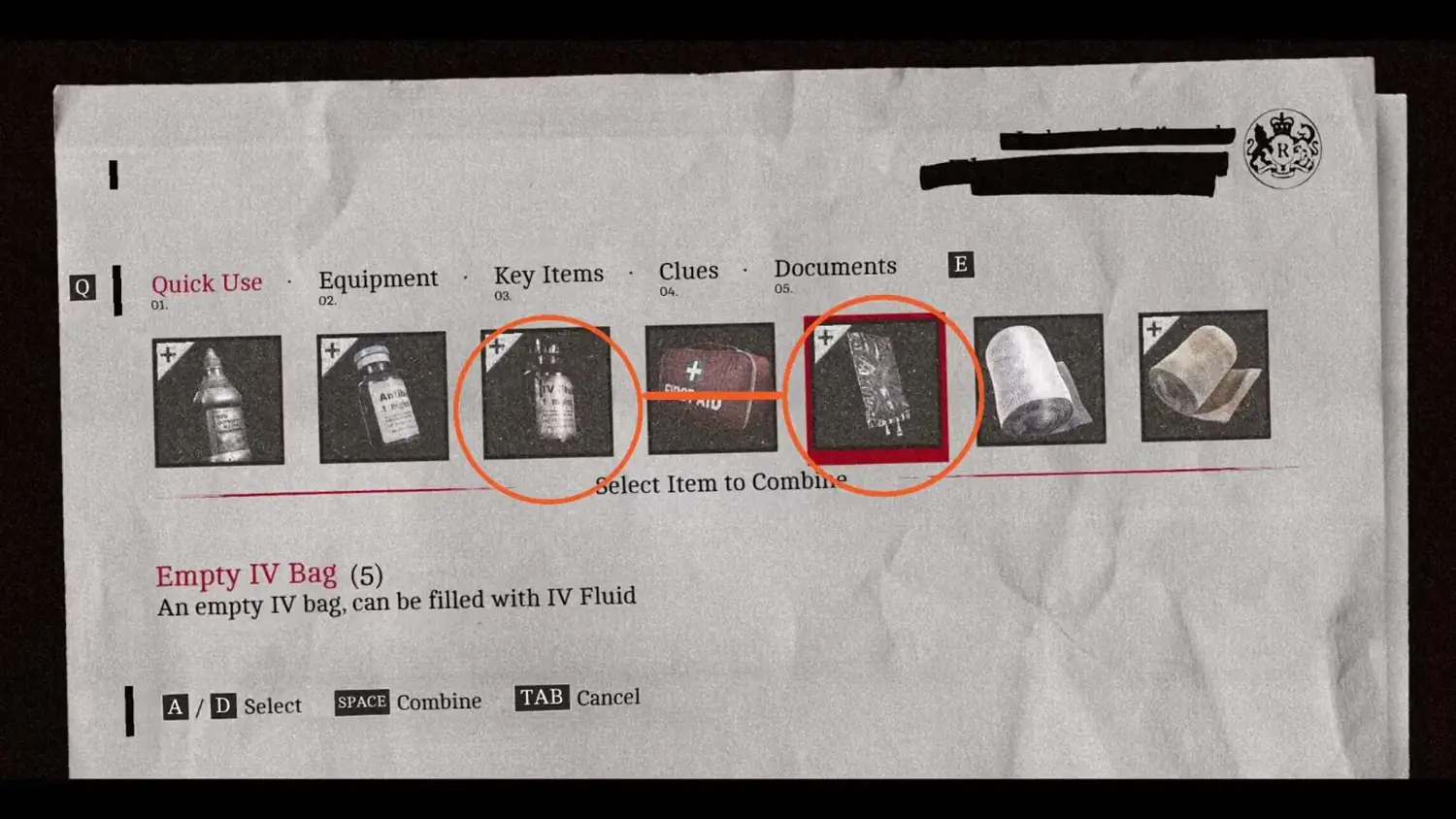 Меню объединения Empty IV Bag и IV Fluid в Silent Hill: Townfall