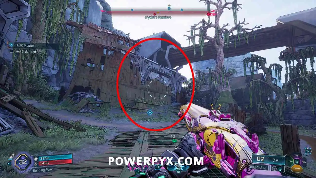 Капсула TASK Master у разрушенного дома в Borderlands 4