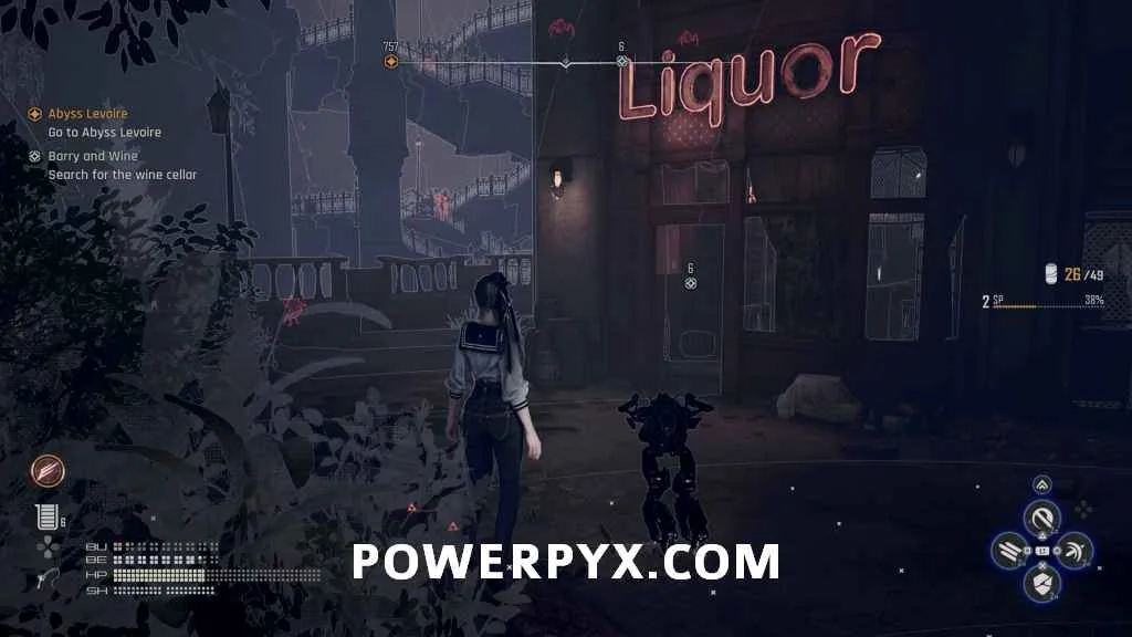Ева перед магазином с неоновой вывеской LIQUOR