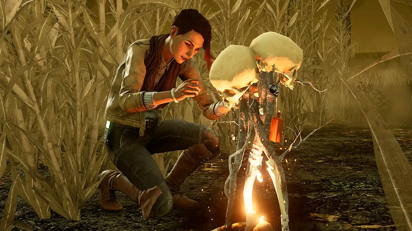 Зарина взаимодействует с горящим тотемом в Dead by Daylight