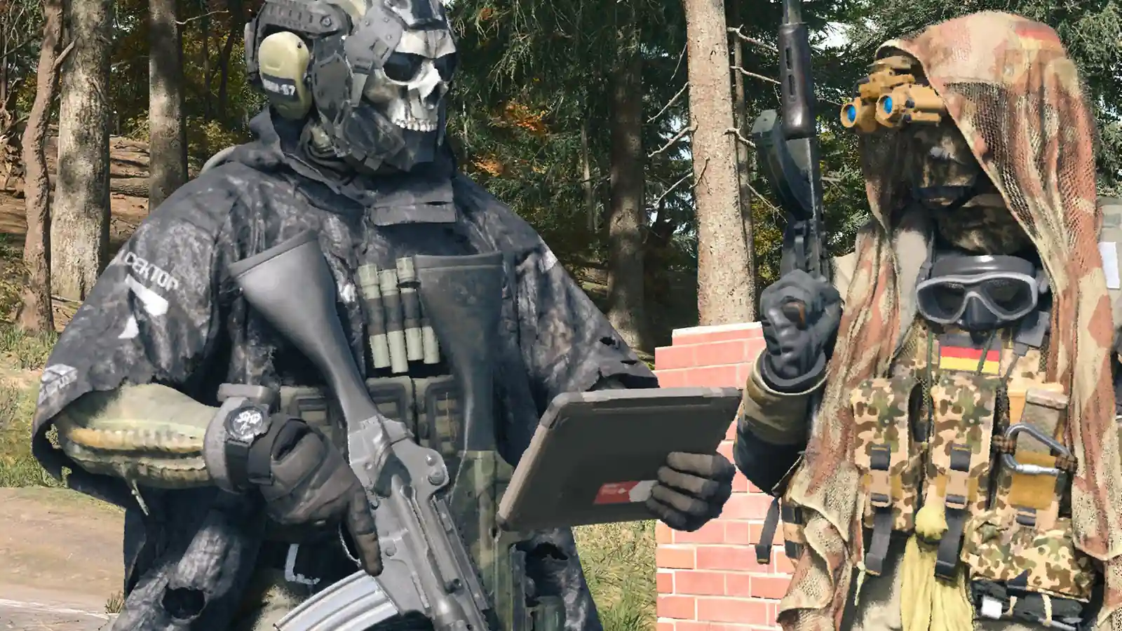 Два оперативника изучают планшет среди деревьев в Modern Warfare 4 DMZ