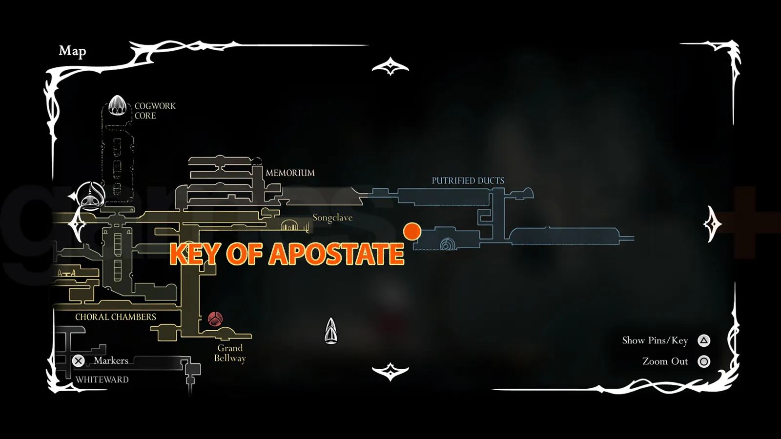 Метка Key of Apostate на карте Putrified Ducts в Silksong
