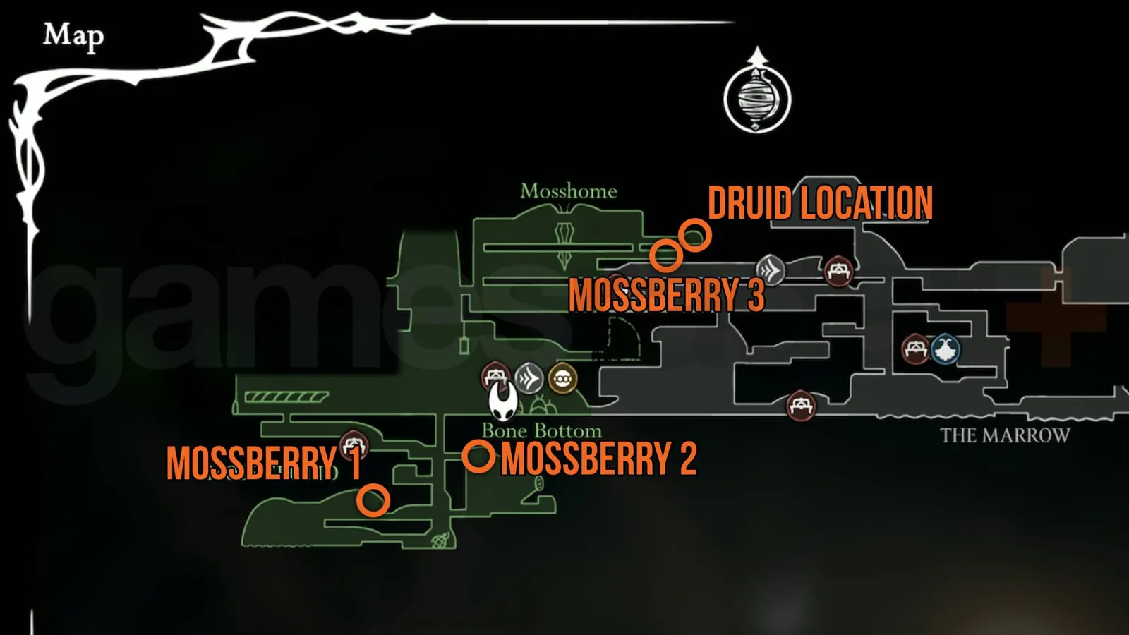 Карта трёх Mossberries и убежища друида в Silksong