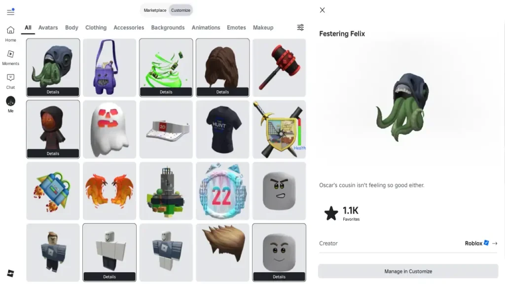 Аксессуар Festering Felix в инвентаре аватара Roblox
