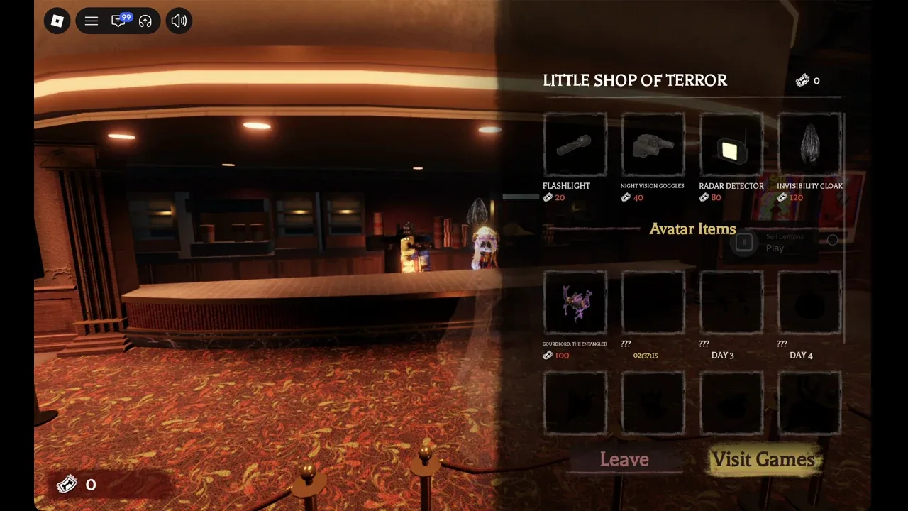 Инструменты и раздел Avatar Items в Little Shop of Terror