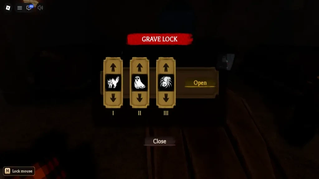 Три слота с символами и кнопка Open на замке Grave Lock в The Hollow