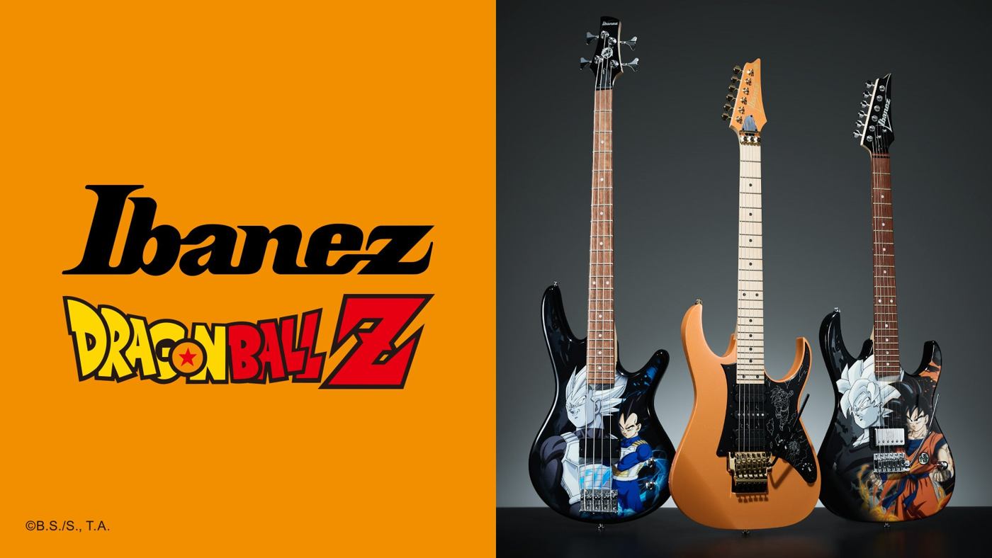 Логотипы Ibanez и Dragon Ball Z рядом с бас-гитарой и двумя электрогитарами коллекции