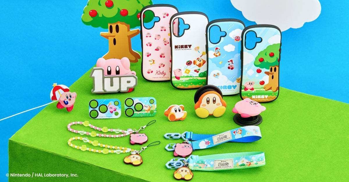Чехлы для телефонов, чехол 1UP для AirPods, держатели и ремешки iFace с Кирби и Уоддл Ди на зелёном подиуме