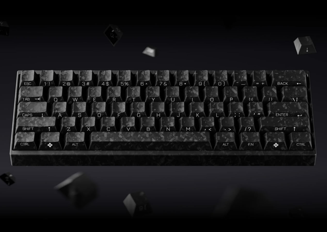 Чёрная компактная клавиатура Keychron Carbon 60 HE 8K с углеродным узором на корпусе и кейкапах