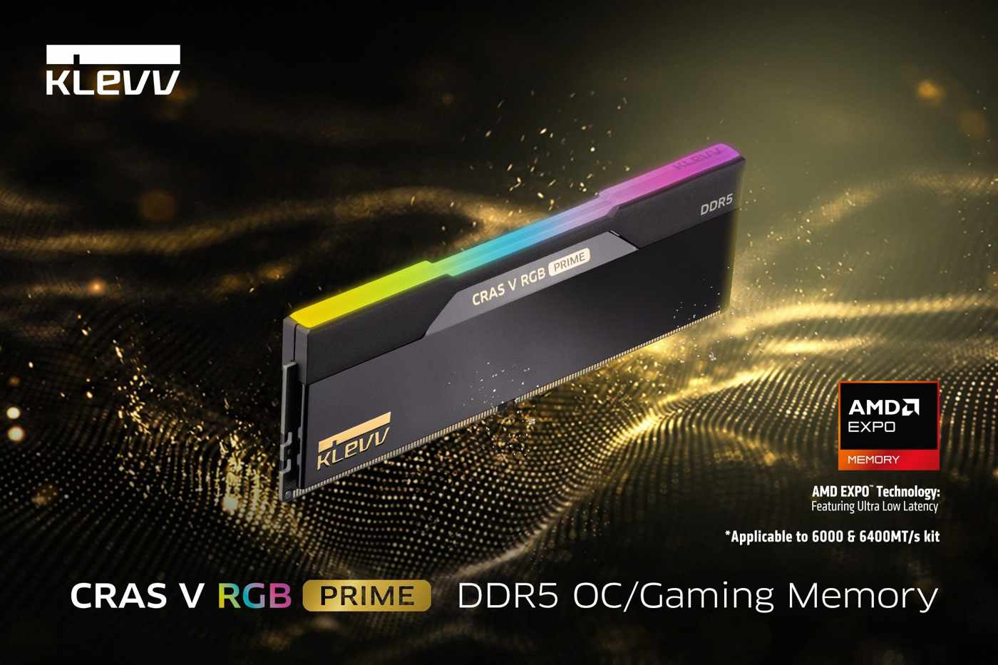 Модуль KLEVV CRAS V RGB PRIME с чёрно-золотистым радиатором и разноцветной RGB-подсветкой