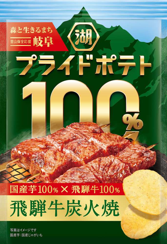 Зелёно-голубая упаковка Koikeya Pride Potato 100% с изображениями говядины на решётке и картофельных чипсов
