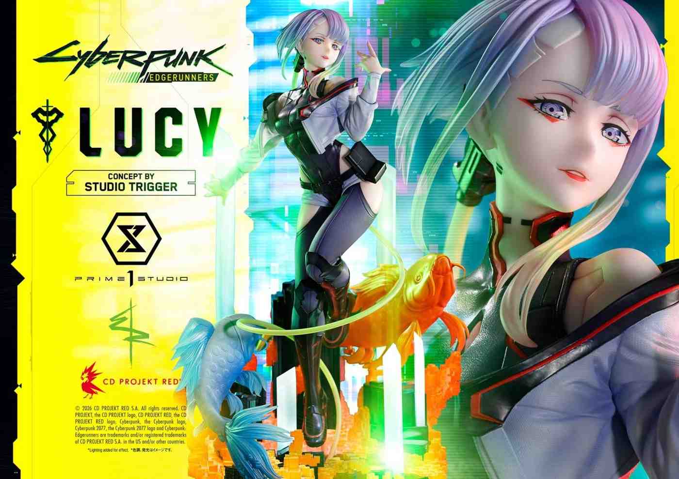Промоизображение фигурки Люси из Cyberpunk Edgerunners с крупным планом лица, кабелем и золотыми рыбками на ярком цифровом фоне