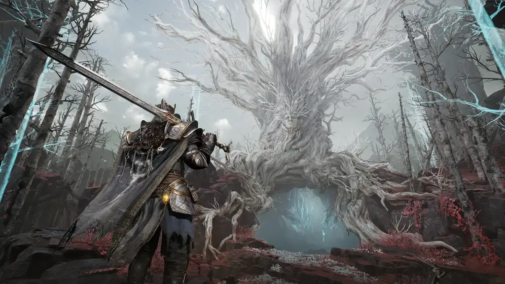 Вооружённый охотник у руин и голубого тумана в Mistfall Hunter