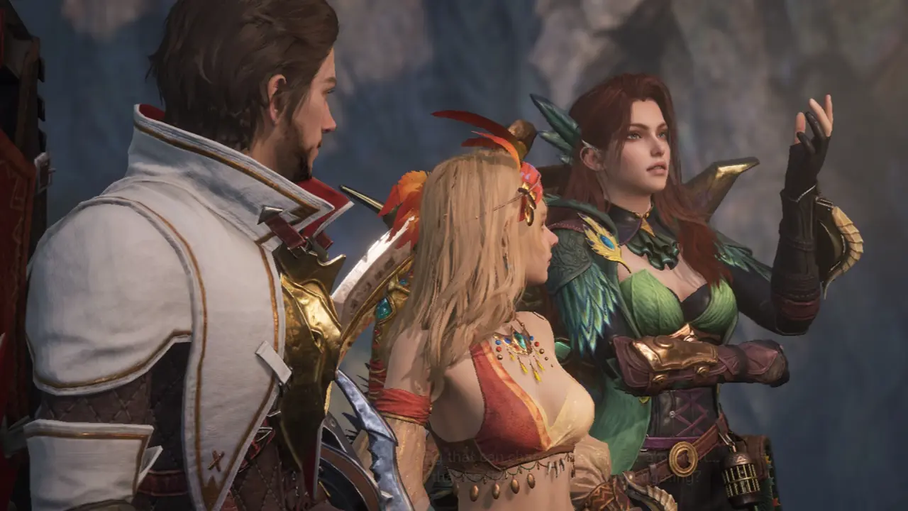 Три персонажа Monster Hunter Outlanders в доспехах в сюжетной сцене
