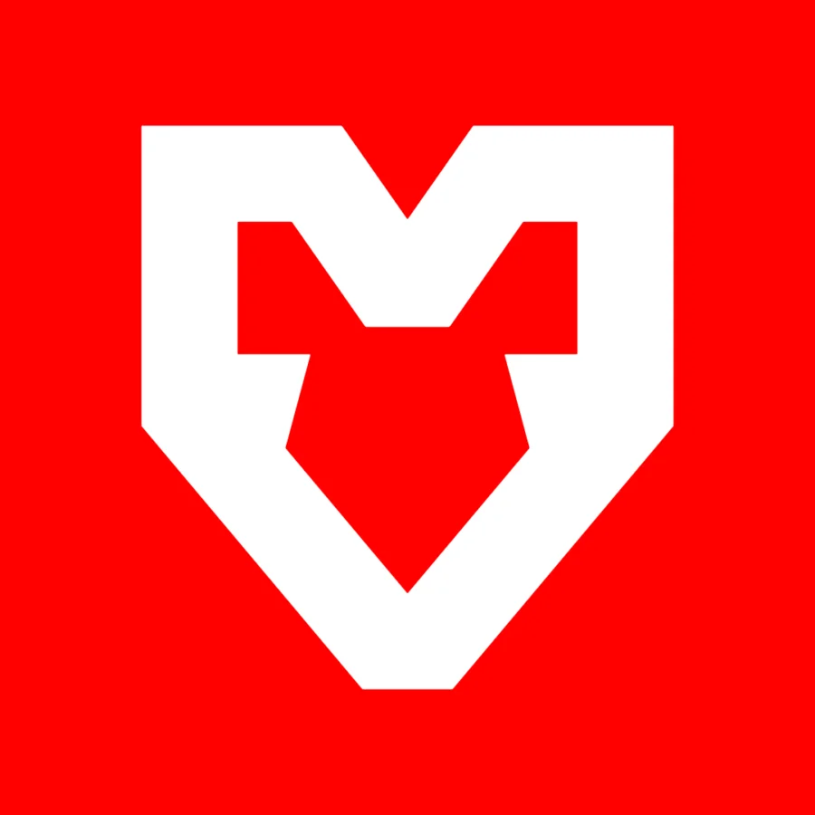 Белый логотип MOUZ на красном фоне