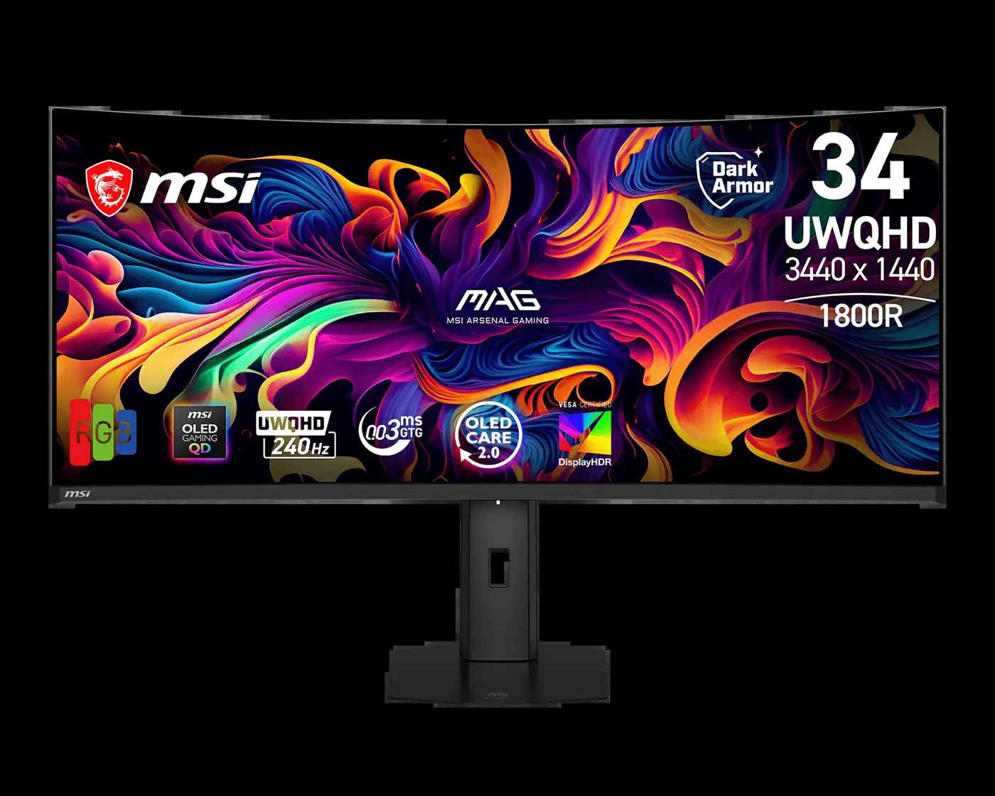 Изогнутый монитор MSI MAG на чёрной подставке с цветным узором на экране и обозначением UWQHD 240 Hz