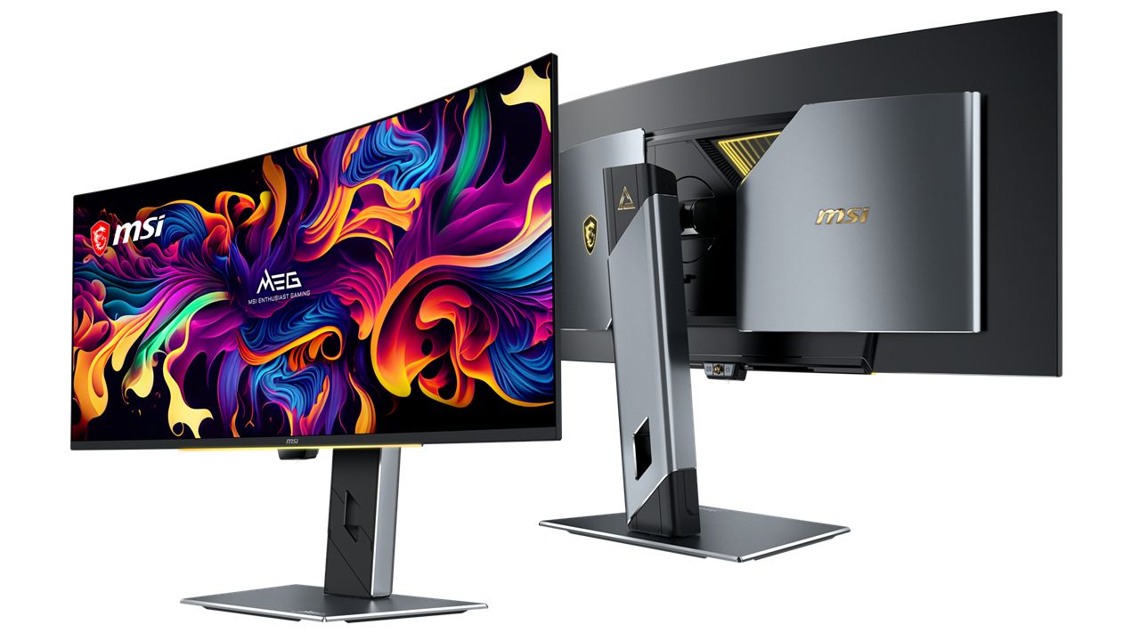 Изогнутый монитор MSI MEG X на подставке, вид спереди с цветным изображением и вид сзади
