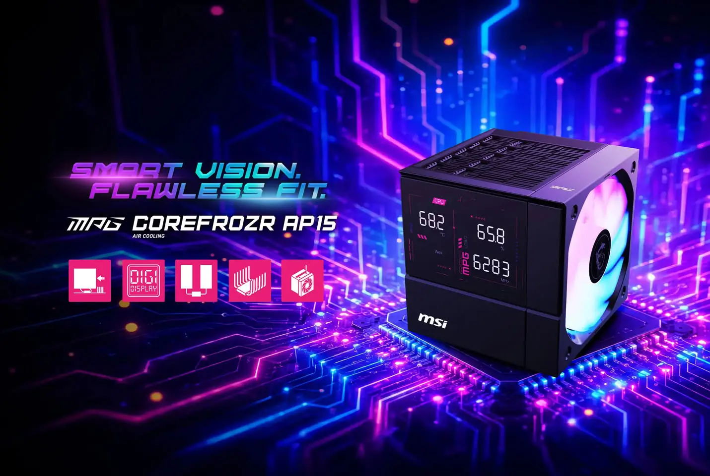 Чёрный кулер MSI MPG COREFROZR AP15 с цифровым дисплеем и RGB-подсветкой вентилятора