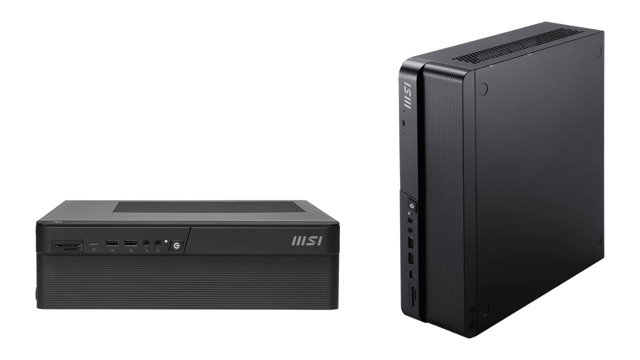 Чёрный компьютер MSI PRO DP80 в горизонтальном и вертикальном положении на белом фоне
