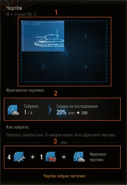 Подсказка прогресса чертежа машины и скидки на исследование