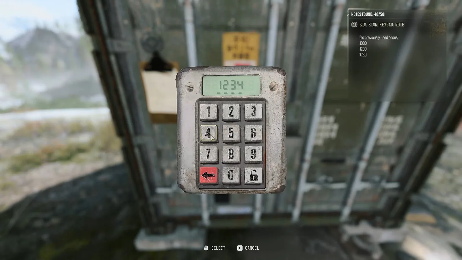 Код 1234 на панели контейнера и записка Big Sign Keypad Note