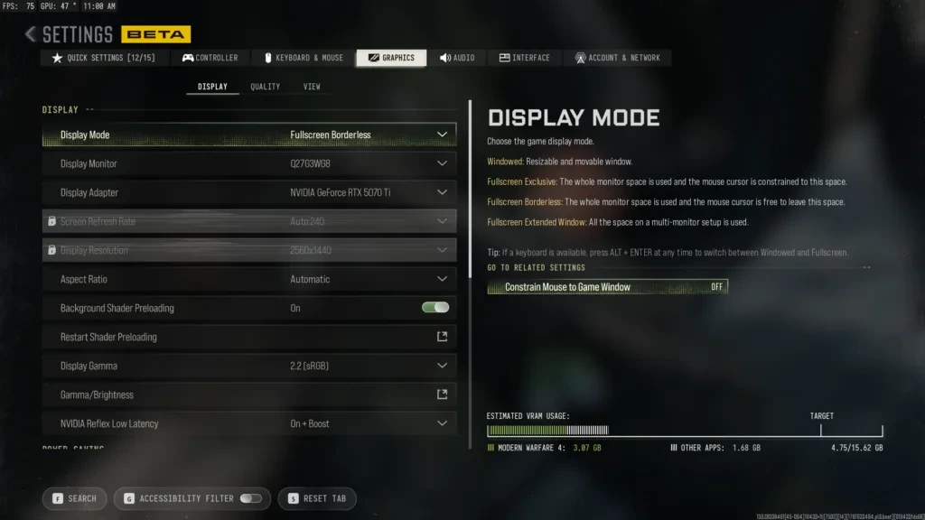 Раздел Display в настройках графики бета-версии Modern Warfare 4