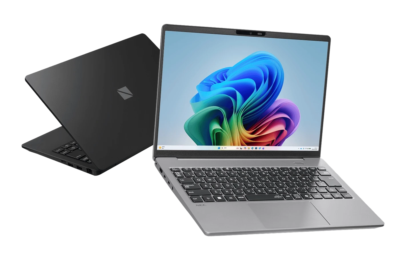 Серебристый LAVIE X14 с открытым экраном Windows и тёмный ноутбук с видом на крышку