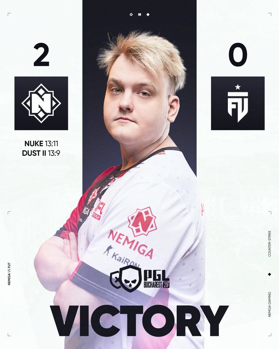 Официальная карточка победы Nemiga над FUT 2:0 с KaiR0N- и результатами Nuke 13:11 и Dust2 13:9