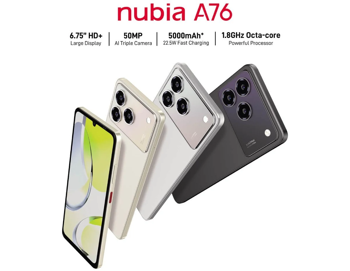 nubia A76 спереди и сзади в золотистом, сером и чёрном цветах на промоизображении