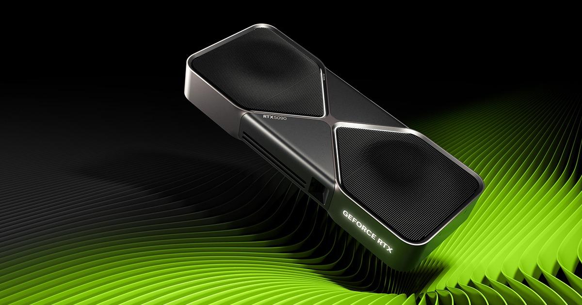 Видеокарта GeForce RTX 5090 с чёрными радиаторами на фоне зелёных линий