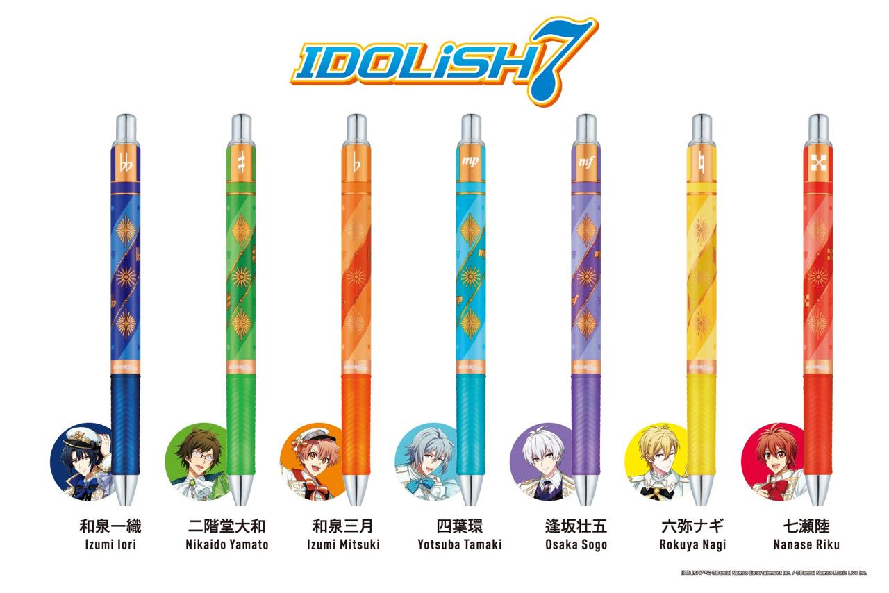 Семь цветных ручек Pentel EnerGel с символикой IDOLiSH7 и портретами персонажей под ними
