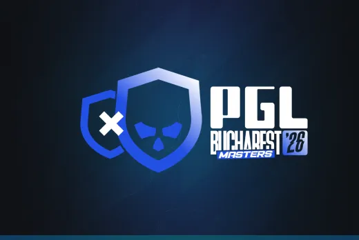Сине-белая эмблема PGL Masters Bucharest 2026 с двумя щитами на тёмном фоне