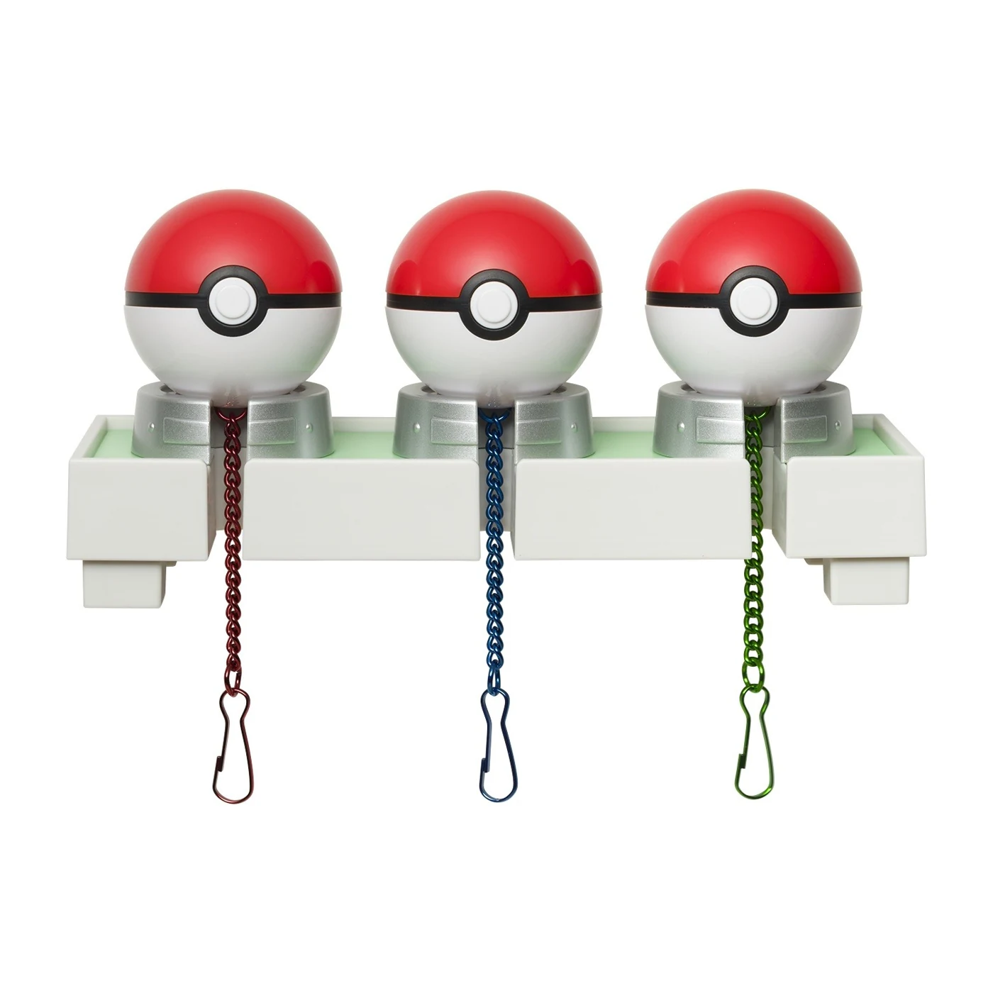 Подставка для ключей Pokémon с тремя красно-белыми покеболами и красной, синей и зелёной цепочками