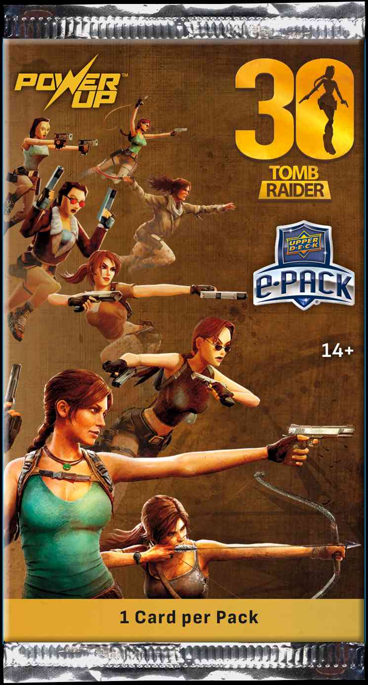 Упаковка юбилейного промонабора Power Up Tomb Raider e-Pack с изображениями Лары Крофт разных лет и числом 30