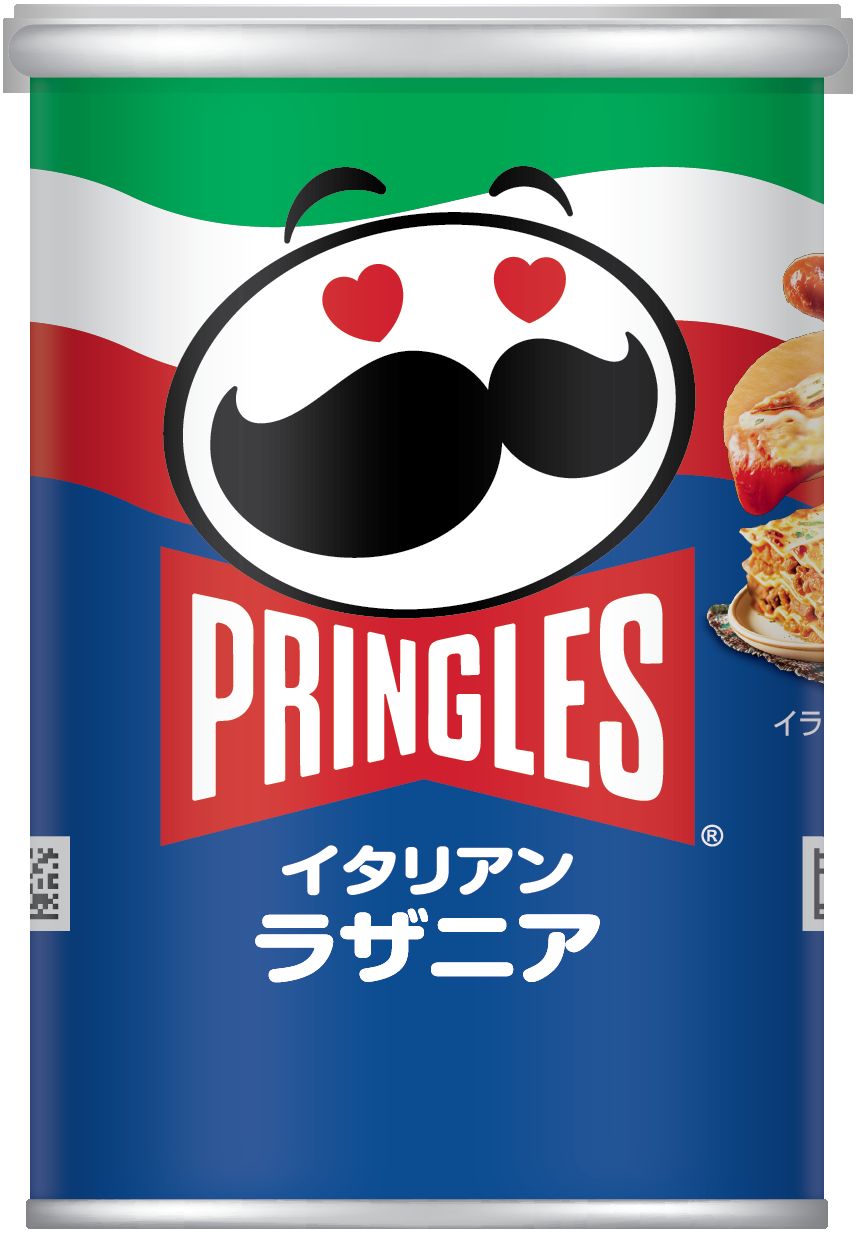 Дизайн упаковки Pringles Italian Lasagna с синим фоном, цветами итальянского флага и красными сердцами вместо глаз маскота