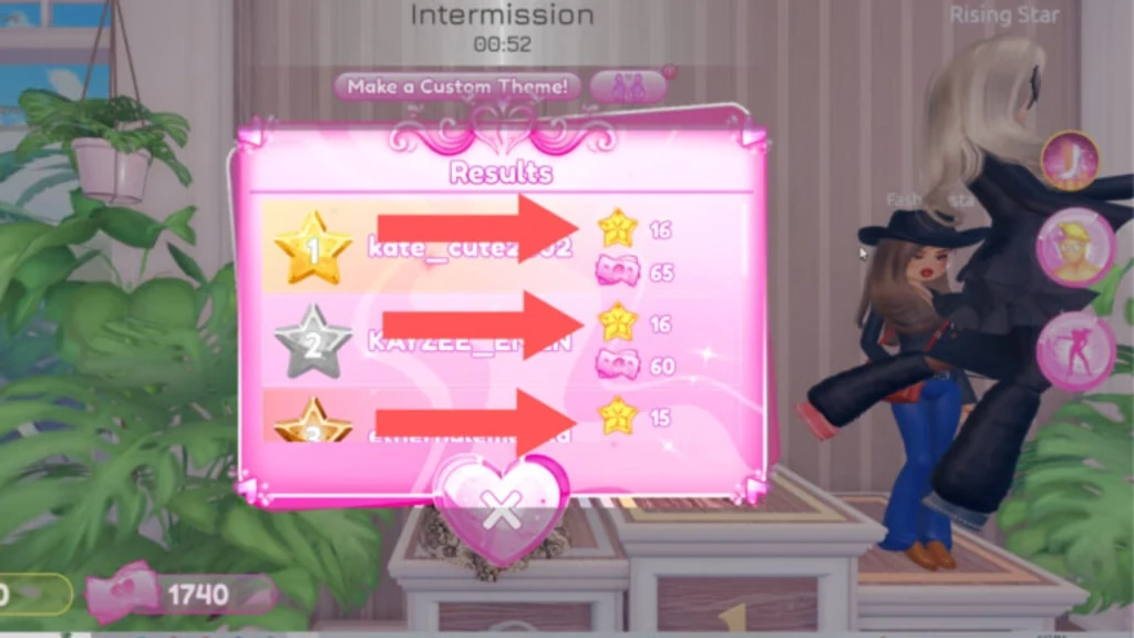 Таблица результатов завершённого раунда Dress to Impress