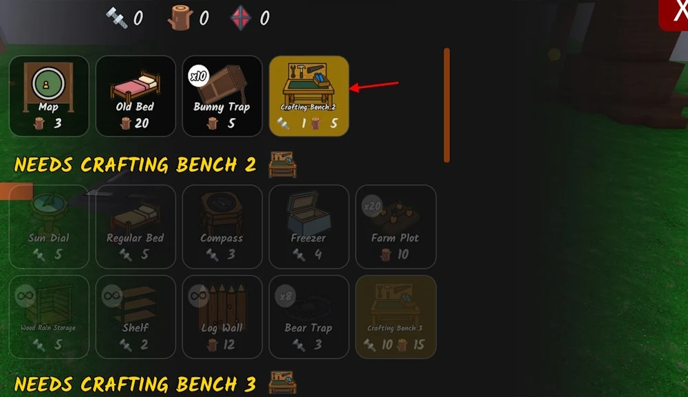 Меню рецептов и уровней Crafting Bench