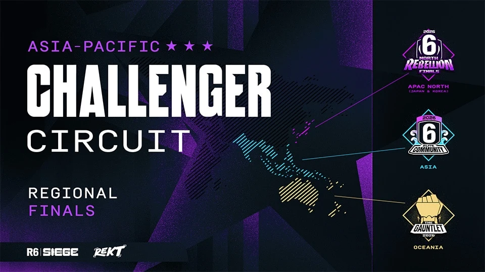 Баннер APAC Challenger Circuit Regional Finals с картой региона и логотипами North Rebellion, Elite Community и The Gauntlet