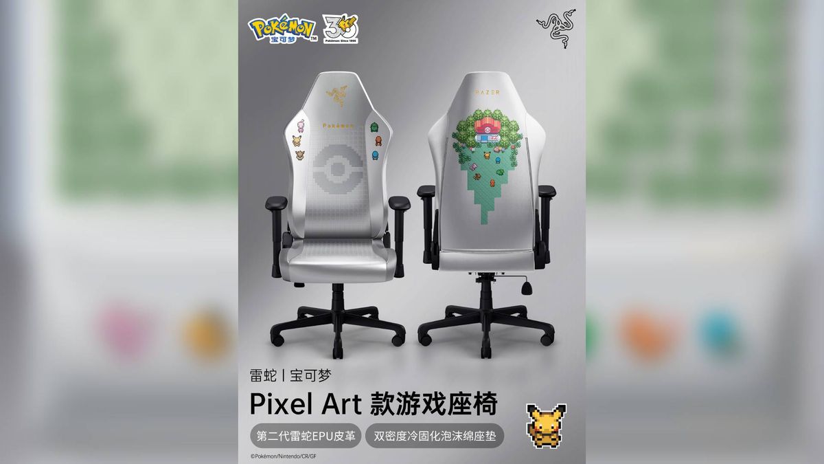 Игровое кресло Razer Pokémon Pixel Art спереди и сзади с пиксельными изображениями покемонов