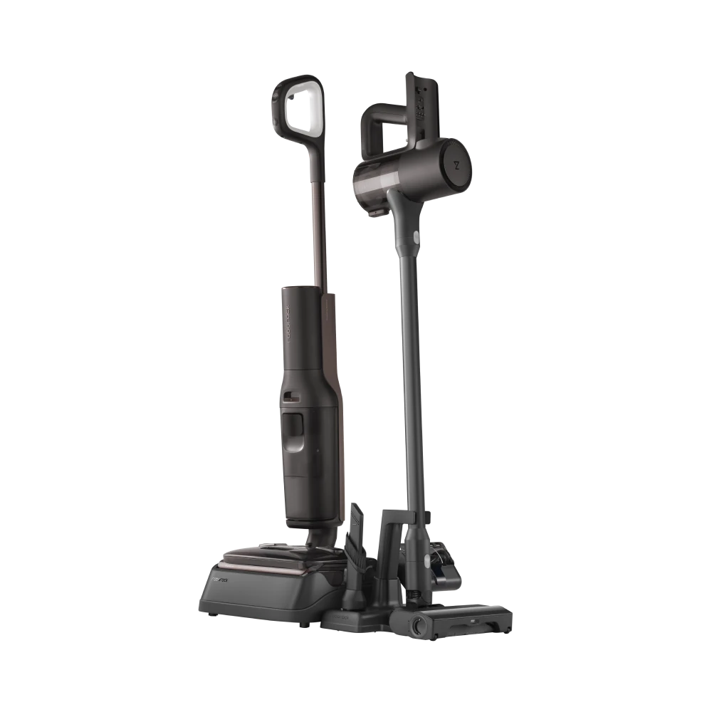Два тёмно-серых корпуса Roborock F25 Pro Turbo Combo на подставках со сменными насадками