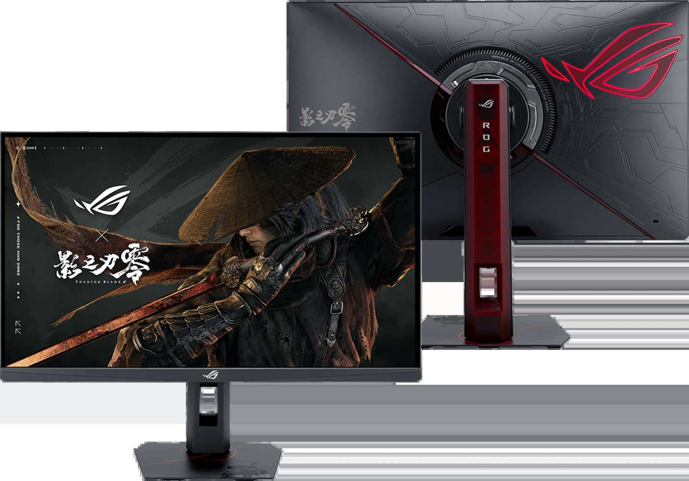 Монитор ROG Strix XG27UCGR-G Phantom Blade Zero Edition спереди и сзади, с героем игры на экране и красной стойкой